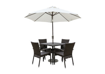 Outdoor patio set with umbrella isolated on white background, front angled view, no depth of field, sharp.