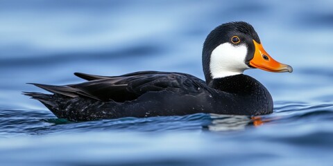 Surf scoter swimming in coastal waters showcases the large, dark sea duck s characteristics. Breeding male surf scoters display vibrant bills along with distinct white patches on their nape and
