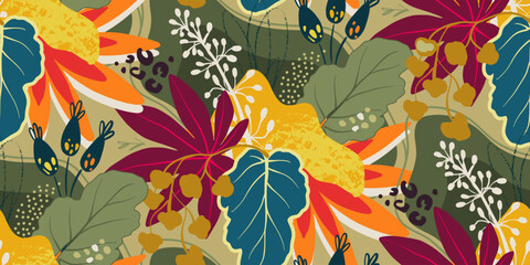 Bright vector seamless pattern with colorful tropical plants and flowers, palm leaves. Cute botanical abstract contemporary endless background.