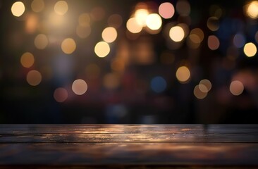 Empty wooden table top on blur light gold bokeh of cafe restaurant in dark background surrounded with light spots illusion.