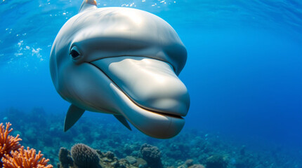 Obraz premium A vibrant underwater shot of a dolphin swimming through coral reefs. The scene should have bright blue water, visible marine life, and an overall sense of peace and beauty.