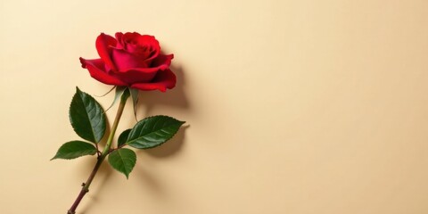 Fototapeta premium Single Red Rose on Pale Yellow Background, Perfect for Romance and Love Themes