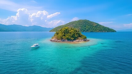 Tack-sharp drone photo of a small island, coral reef visible underwater, tropical paradise