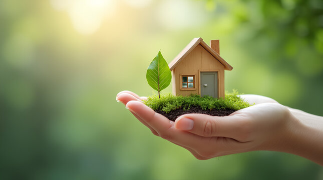 Hand holding Green Building for Sustainable Development Concept - Powered by Adobe