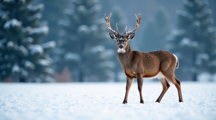 Majestic Buck in Winter Wonderland, Standing Proud Amidst Snowy Pines