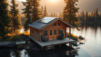 Fototapeta premium Charming wooden cabin on a tranquil lake at sunset, surrounded by lush pine trees.