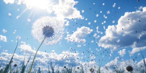 Blue sky featuring a blowball and its seeds, capturing the delicate beauty of nature as the blowball releases its seeds into the wide open blue sky, showcasing a serene natural scene.