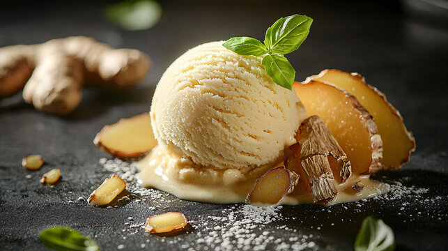 Creamy Ginger Ice Cream Scoop Garnished with Candied Ginger on Black Background