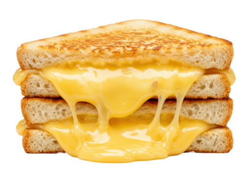 Stack of two grilled cheese sandwiches with melted cheese oozing out, isolated on white background