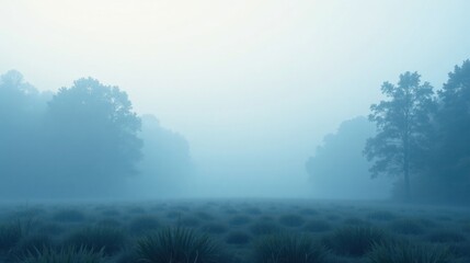 Fototapeta premium Serene Morning Mist Enveloping a Field of Grass and Trees