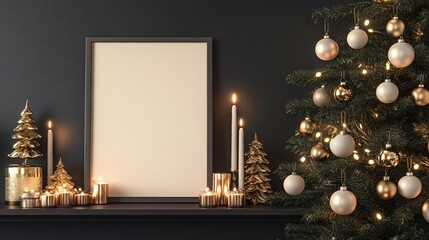 Blank poster mockup with Christmas decor.