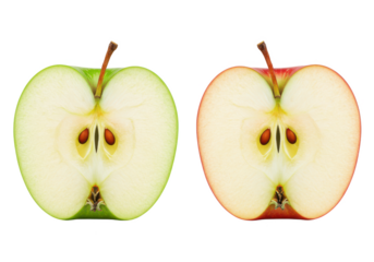 Green and red apple halves showing seeds, isolated on white background