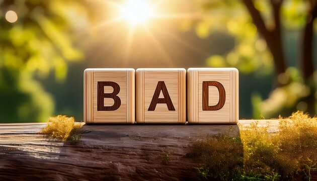 BADの英語の文字が書かれた木製のキューブブロック。aiで生成	