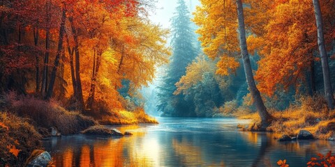 Autumn view of a beautiful small river featuring the vibrant hues of foliage, showcasing the serene charm of a river in a tranquil forested area of nature. Experience the beauty of this river.