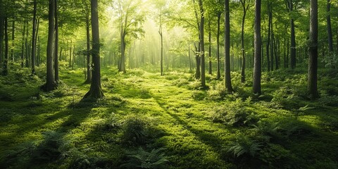 Obraz premium Lush green forest during the vibrant spring season, showcasing the beauty of greenery and the refreshing ambiance found within a green forest filled with life.