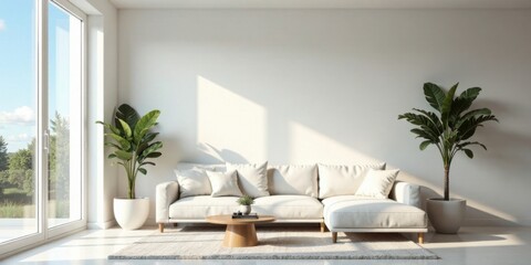 Modern Minimalist Living Room Interior Design with Sunlight Streaming Through Large Window