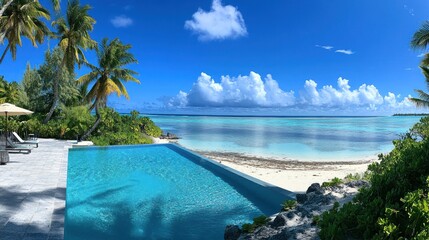Obraz premium Infinity pool, beach, tropical paradise, azure ocean, palm trees, luxury resort, vacation