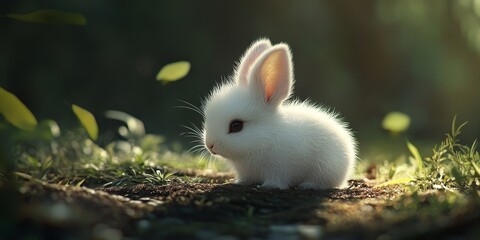 Fototapeta premium A charming depiction of a cute little baby white rabbit is showcased. This lovable baby rabbit captures attention with its endearing features and delightful personality.