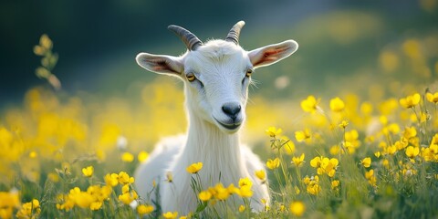 Obraz premium Goat surrounded by buttercup flowers and lush grass, showcasing a playful interaction with nature. The goat gracefully explores the vibrant buttercup flowers in its grassy environment.
