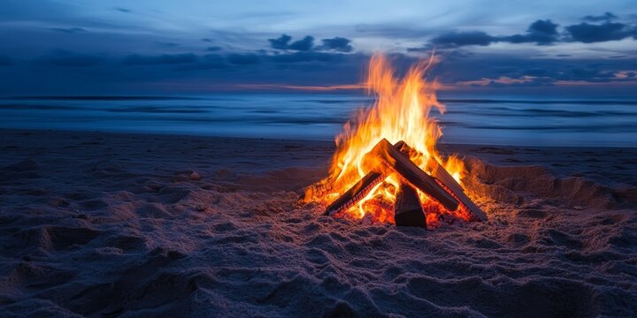 Wood fire glowing by the beach at night creates a warm ambiance, inviting relaxation and enjoyment. Experience the soothing atmosphere of wood fire evenings by the beach under the stars.