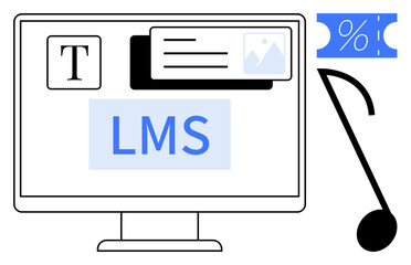 Computer screen with LMS, multimedia elements thumbs up text block, image file, and ticket with percentage sign. Ideal for education, e-learning, technology, online courses, teaching tools digital