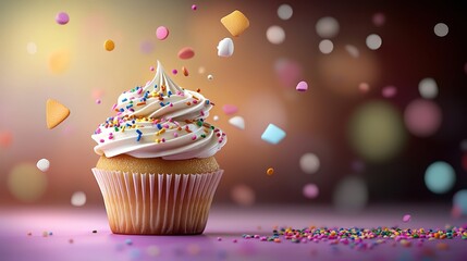 Tack-sharp photo of a perfectly decorated cupcake, sprinkles mid-fall, pastel background