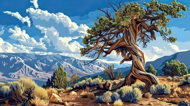 flat vector art, high definition, no noise, no text, graphic design, high detail, realistic, great basin national park, porcupine, twisted juniper tree