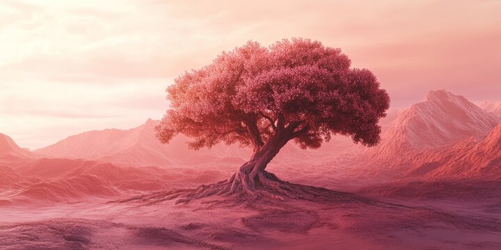 Aenium Tree in a desert landscape featuring unique flora, highlighting the striking characteristics of the Aenium Tree amidst the arid environment of a rose colored desert.
