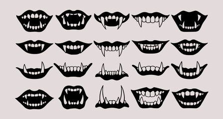 Set of scary smile masks. Collection of different types of smiling faces with teeth. Line art. Creepy mouth masks. Halloween masks. Vector illustration for children. Tattoos.