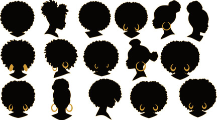 Set of silhouette afro girl. Collection of black woman face with stylized hairstyle. Vector illustration of girl head with stylized haircut.