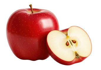 red apple with a sliced half, isolated on white background, front angled view, no depth of field, sharp.