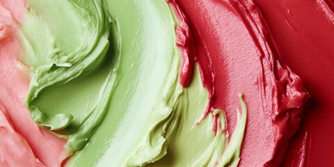 Fototapeta premium Vibrant red and green brush strokes create a striking skincare texture swatch, featuring a watermelon strawberry scrub smear and avocado kiwi texture, ideal for body peeling cosmetics.