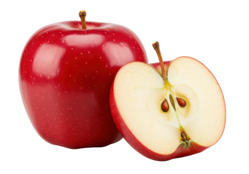 red apple with a sliced half, isolated on white background, front angled view, no depth of field, sharp.