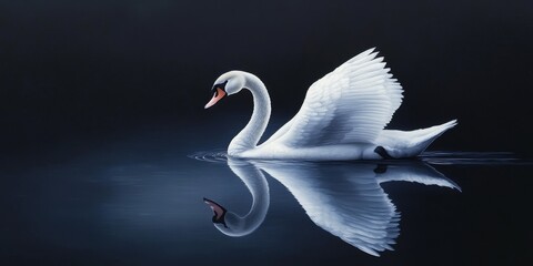 Graceful white swan gliding elegantly across a serene dark blue lake, showcasing the beauty of nature s vibrant contrast as the stunning white swan moves effortlessly on the water s surface.