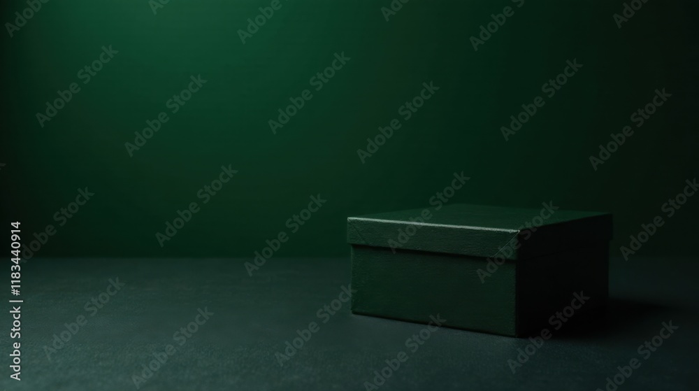 Poster A Dark Green Box on a Matching Surface Against a Deep Green Background