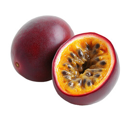 set of a passion fruit and half cut piece isolated on white transparent background, cutout png 