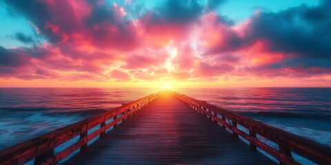 Dramatic sunset view over a scenic ocean pier showcases the beauty of nature, capturing the essence...