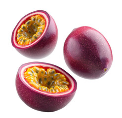 fresh passion fruit cut pieces, ripe pulp with juicy seed, isolated in air, cutout png