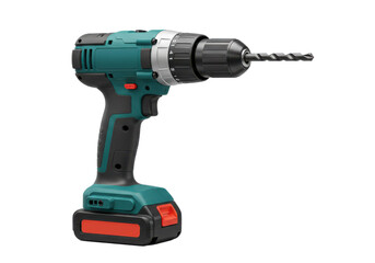Cordless drill with bit isolated on white background, no depth of field, sharp.