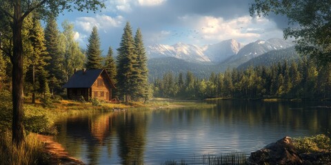 Fototapeta premium Tranquil lower lake scene with a cozy crib nestled in the woods, offering a perfect retreat by the lower lake for nature lovers seeking peace and serenity in their surroundings.