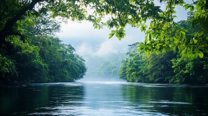 Tranquil scene of the river with the flowing waters of the river visible behind lush greenery, creating a serene view of the river framed by vibrant trees in the background.