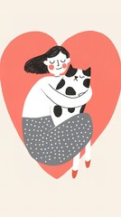 Fototapeta premium A whimsical illustration of a woman embracing a cat, surrounded by a heart, symbolizing love and companionship.