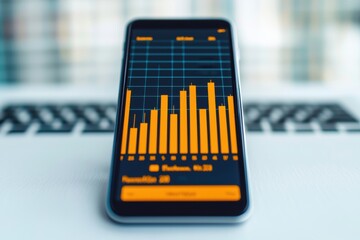 A smartphone displaying a bar chart with orange bars on a blue grid background, illustrating data analysis or financial statistics.