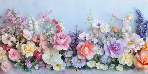 A variety of flowers beautifully arranged and framed against a soft watercolor backdrop. This composition showcases the diverse blooms within a delicate artistic setting.