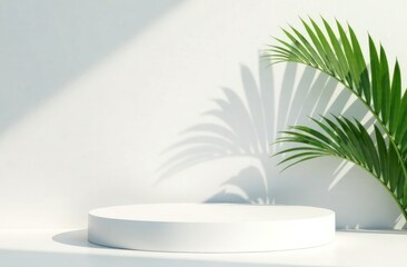 Obraz premium White podium, soft beautiful sunlight, tropical palm leaf shadow on wall for hygiene organic cosmetic or skincare or beauty treatment product.