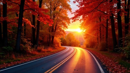 Autumnal Road Winding Through a Forest at Sunset
