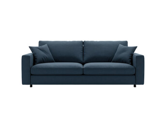 Fototapeta premium Deep blue fabric sofa with two large cushions and two side pillows, isolated on white background