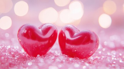 Obraz premium A pair of glossy red hearts against a soft pastel background, depicting love, connection, and intimate moments.