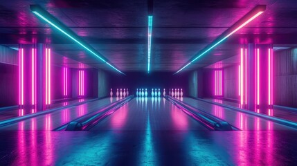 Naklejka premium A set of freshly painted bowling pins standing upright at the end of a brightly lit bowling lane