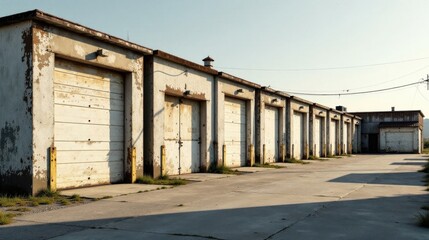 Obraz premium Row of weathered industrial garage doors in pale tones at sunset